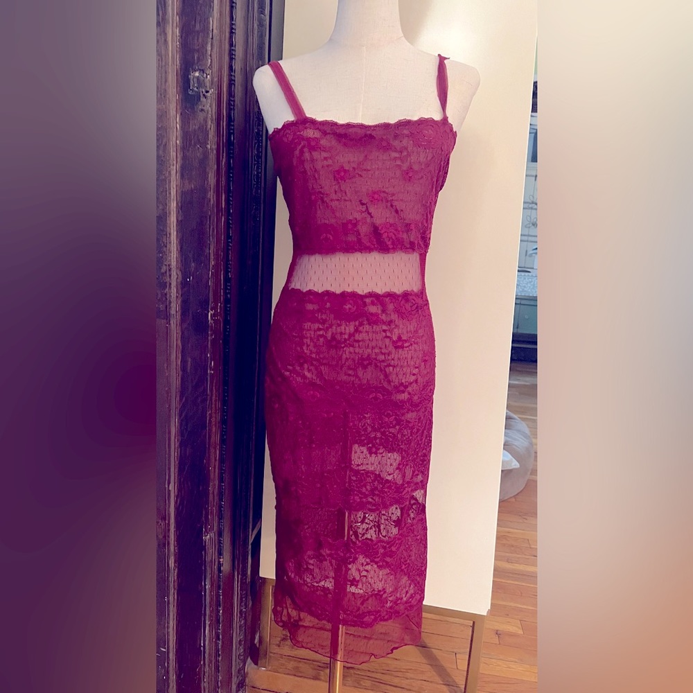 free people, intimate lace, slip dress, small, not worn, like new. Burgundy pink